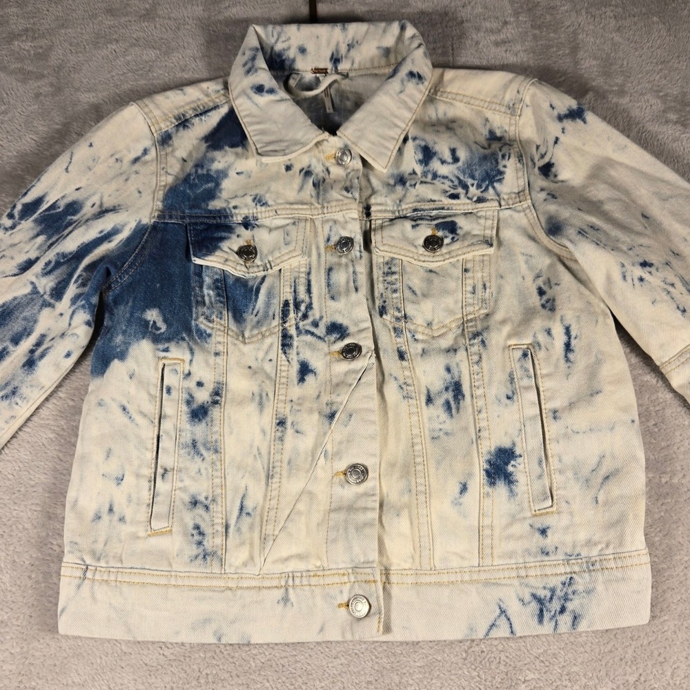 Free People Blue White Tie Dye Acid Wash Denim Trucker Jacket Womens‎ Size S